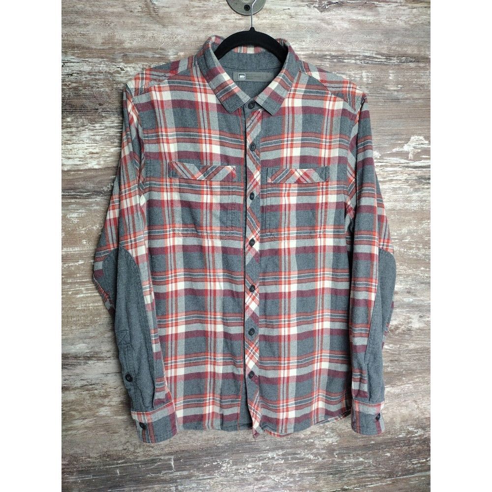 REI Button Front Madras Plaid Flannel Shirt Adult Medium Red Long Sleeve